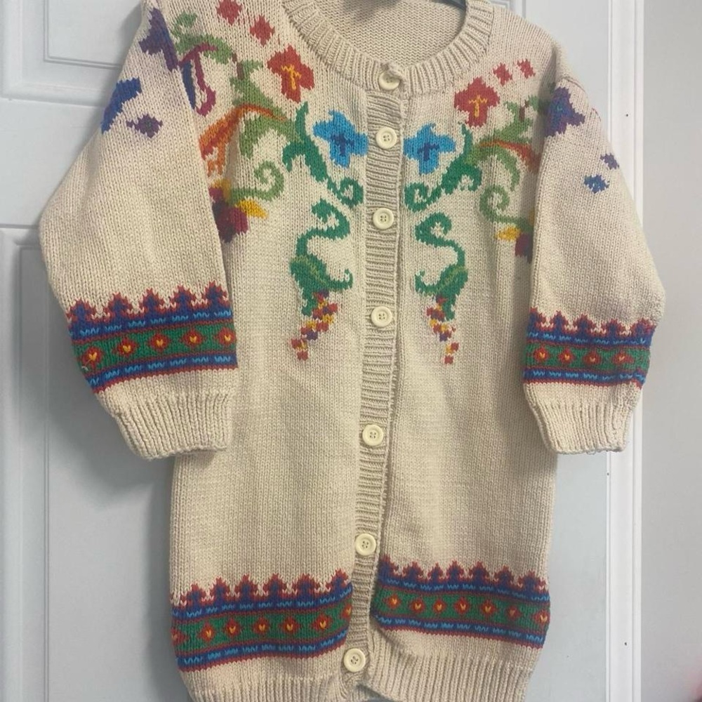 Floral Knit Cardigan Sweater - Cream Multicolor